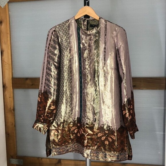 ETRO Metallic Silk Patterned Print Long Sleeve Side Slit Tunic Blouse Sz 44 ITA - Picture 2 of 16